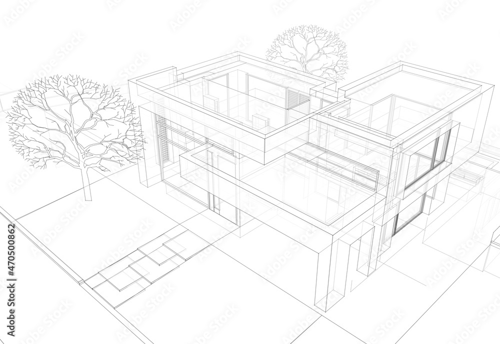 House project architecture drawing 3d illustration