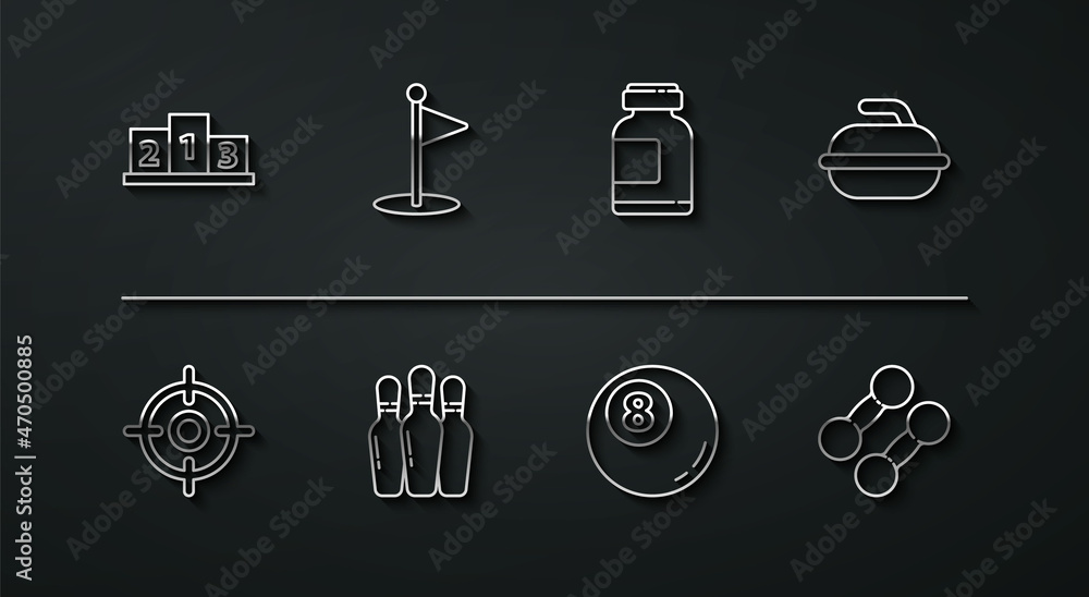 Set line Award over sports winner podium, Target, Stone for curling game, Billiard pool snooker ball, Bowling pin, Golf flag, Dumbbell and Sports nutrition icon. Vector Set line Award over sports winner podium, Target, Stone for curling game, Billiard pool snooker ball, Bowling pin, Golf flag, Dumbbell and Sports nutrition icon. Vector