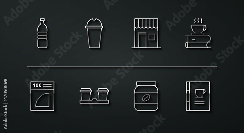 Set line Bottle of water, Coffee paper filter, cup and book, jar bottle, to go, Milkshake, and shop icon. Vector