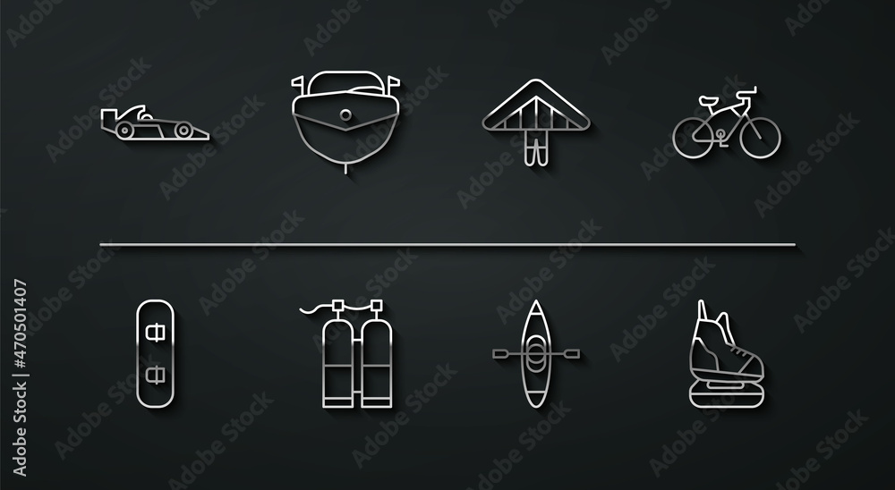 Set line Formula 1 racing car, Snowboard, Bicycle, Kayak canoe, Aqualung, Speedboat, Skates and Hang glider icon. Vector Set line Formula 1 racing car, Snowboard, Bicycle, Kayak canoe, Aqualung, Speedboat, Skates and Hang glider icon. Vector