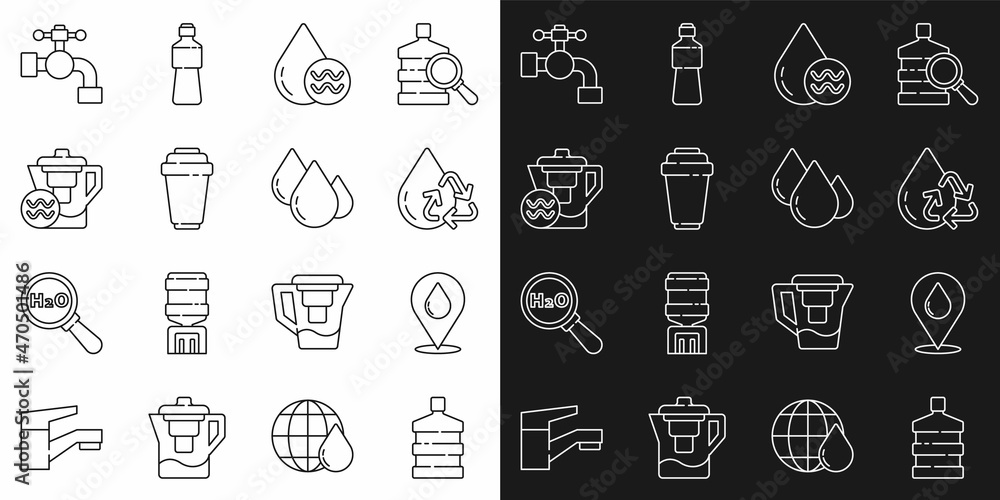 Set line Big bottle with clean water, Water drop location, Recycle aqua, filter cartridge, jug, tap and icon. Vector Set line Big bottle with clean water, Water drop location, Recycle aqua, filter cartridge, jug, tap and icon. Vector