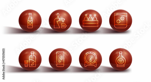 Set line Beer bottle, Vodka with pepper and glass, Glass of whiskey, Wooden barrel on rack, Effervescent tablets in water, tap, Bottle cognac or brandy and Bottles wine wooden box icon. Vector