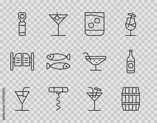 Set line Cocktail, Wooden barrel, Glass of whiskey, Wine corkscrew, Bottle opener, Dried fish, and Beer bottle icon. Vector
