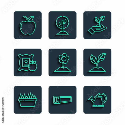 Set line Fresh grass in a rectangular, Hand saw, Watering can, Plant hand of environmental, Flower, Apple the sack, and icon. Vector