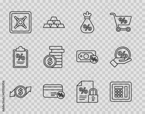 Set line Financial growth and dollar, Safe, Money bag with percent, Discount card, Coin money, Finance document lock and tag icon. Vector