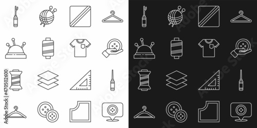 Set line Location tailor shop, Awl tool, Sewing button, Pattern, thread, Needle bed and needles, and T-shirt icon. Vector