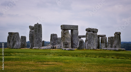 Stonehenge prehistoric monument on Salisbury Plain in Wiltshire, England, United Kingdom, September 13, 2021. A ring circle of henge megalithic stones, heel stone, bluestone trilithons, UK.