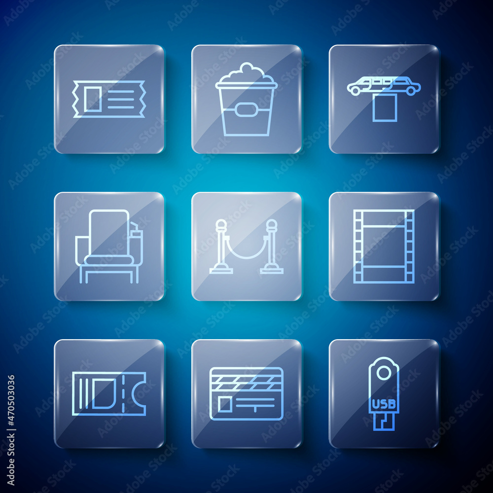 Set line Cinema ticket, Movie clapper, USB flash drive, Limousine car and carpet, Rope barrier, chair, and Play Video icon. Vector Set line Cinema ticket, Movie clapper, USB flash drive, Limousine car and carpet, Rope barrier, chair, and Play Video icon. Vector