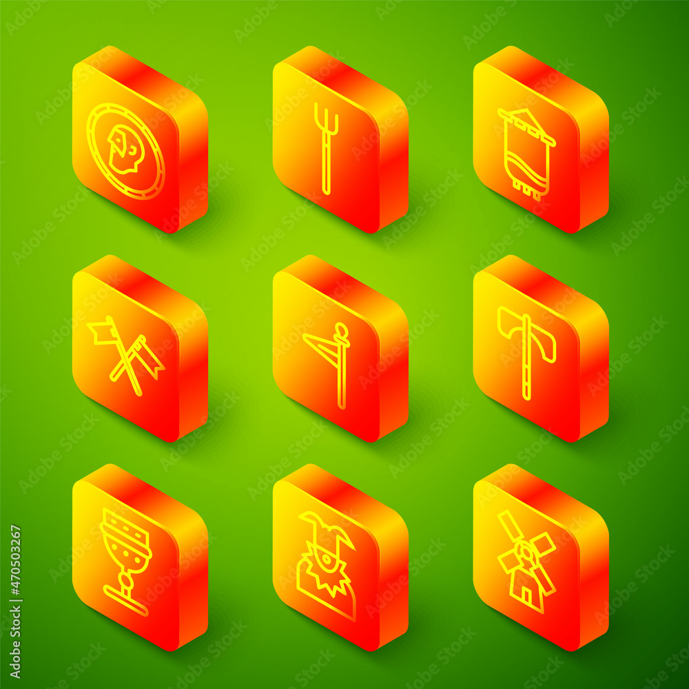 Set line Ancient coin, Garden pitchfork, Medieval flag, Crossed medieval, axe, goblet and Joker head icon. Vector Set line Ancient coin, Garden pitchfork, Medieval flag, Crossed medieval, axe, goblet and Joker head icon. Vector