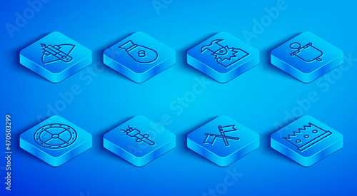 Set line Battle crossbow with arrow, Old money bag, Joker head, Torch flame, Crossed medieval flag, Medieval, Round wooden shield and King crown icon. Vector