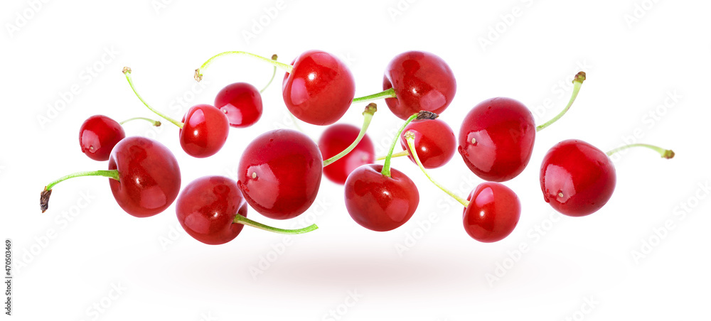 Cherry isolated on white background, fresh cherry with stems and leaves, berry collection. Natural food Cherry isolated on white background, fresh cherry with stems and leaves, berry collection. Natural food