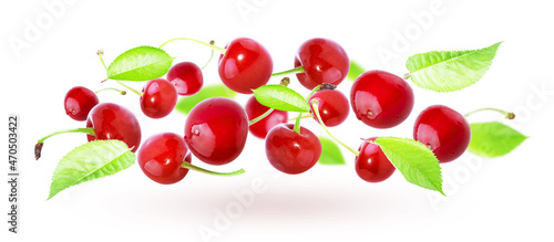 Cherry isolated on white background  fresh cherry with stems and leaves  berry collection. Natural food