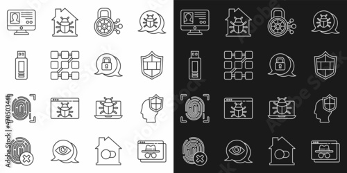 Set line Browser incognito window, Head with shield, Shield brick wall, Cyber security, Graphic password protection, USB flash drive, Create account screen and icon. Vector