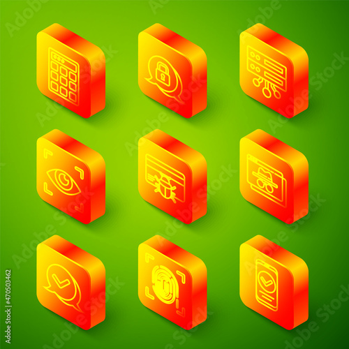 Set line Password protection, Cyber security, Server, Data, Web Hosting, Eye scan, System bug credit card, Browser incognito window, Check mark speech bubble and Fingerprint icon. Vector