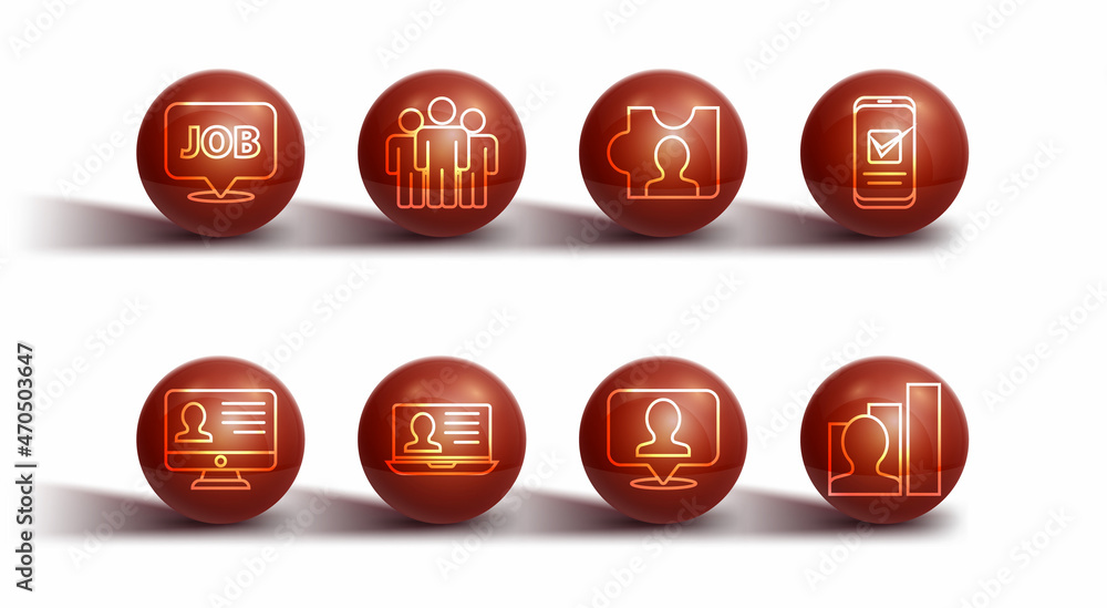 Set line Speech bubble with job, Monitor resume, Smartphone, Location person, Laptop, Users group, Productive human and Head hunting icon. Vector Set line Speech bubble with job, Monitor resume, Smartphone, Location person, Laptop, Users group, Productive human and Head hunting icon. Vector