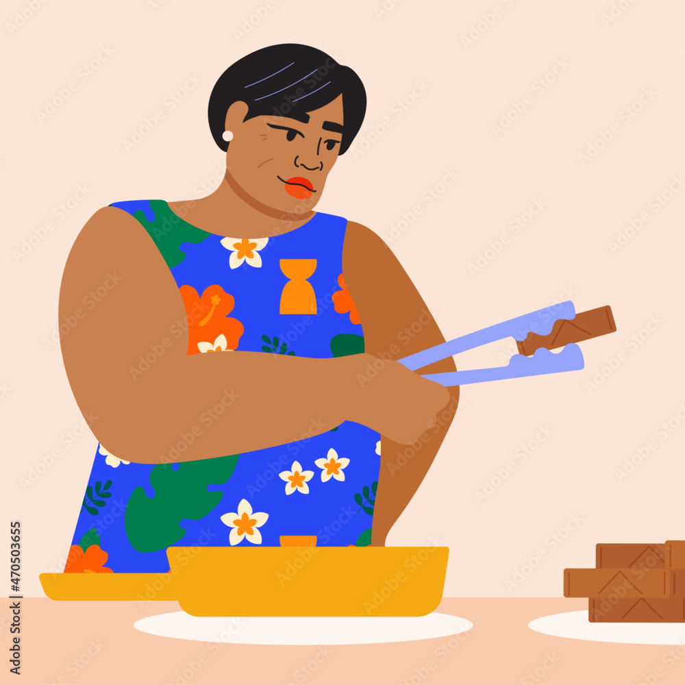 Illustration of older woman frying lumpia