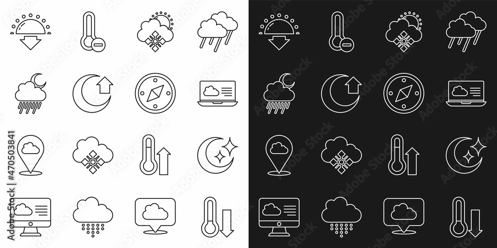 Set line Meteorology thermometer, Moon and stars, Weather forecast, Cloud with snow sun, rain moon, Sunset and Compass icon. Vector Set line Meteorology thermometer, Moon and stars, Weather forecast, Cloud with snow sun, rain moon, Sunset and Compass icon. Vector