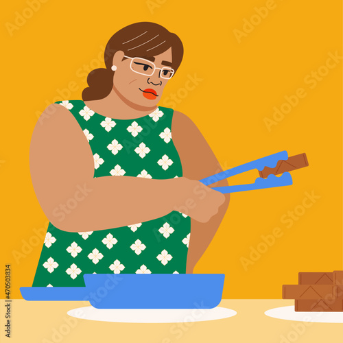 Illustration of older woman frying lumpia