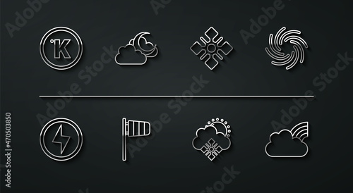 Set line Kelvin, Lightning bolt, Tornado, Cloud with snow and sun, Cone windsock wind vane, moon, Rainbow clouds and Snowflake icon. Vector