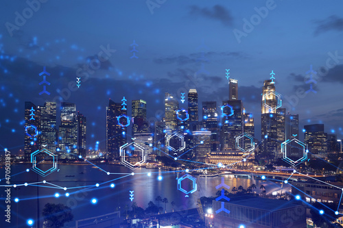 Canvas Print Information flow hologram, night panorama city view of Singapore