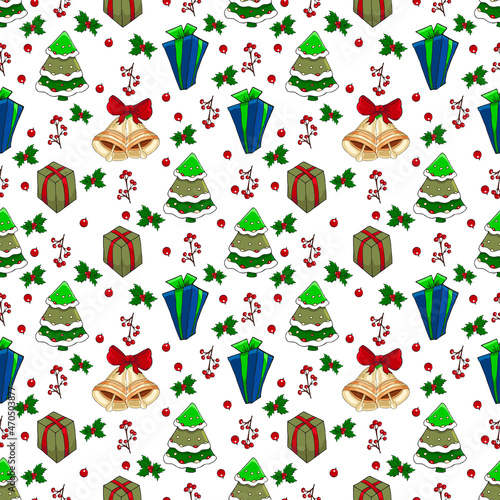 Vector Сhristmas seamless patternn with Christmas tree, balls, gingerbreads, confetti, gift boxies. photo