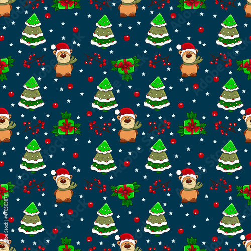 Vector Сhristmas seamless patternn with Christmas tree, balls, gingerbreads, confetti, gift boxies. photo