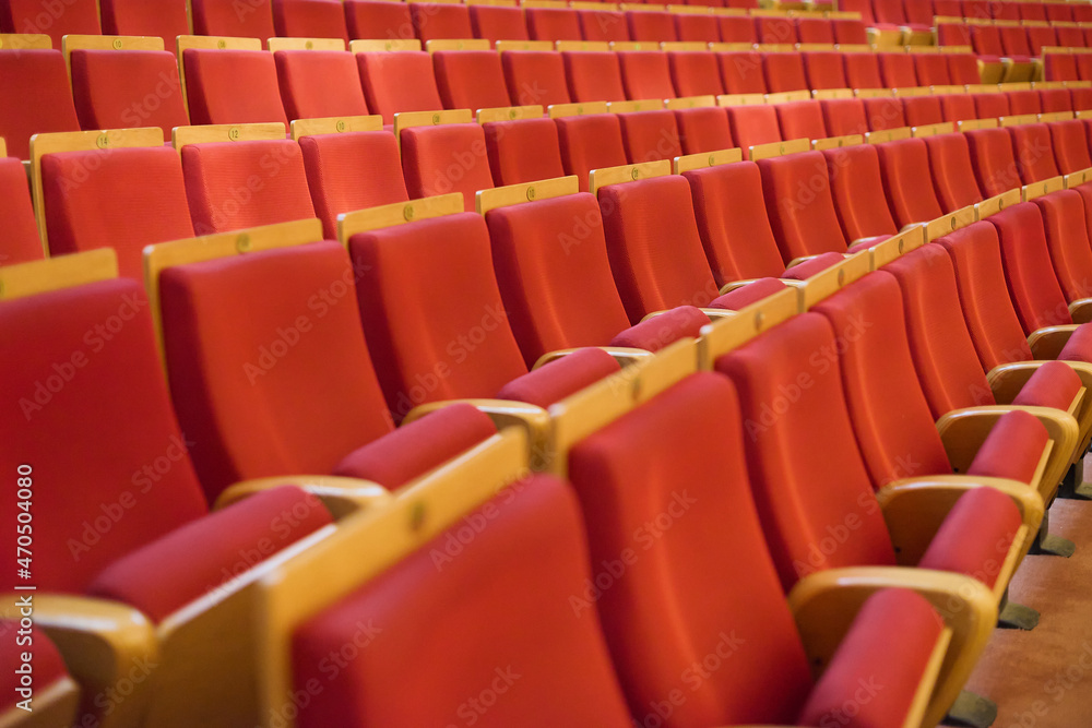 Upholstered chairs in an empty concert hall. Pandemic Upholstered chairs in an empty concert hall. Pandemic