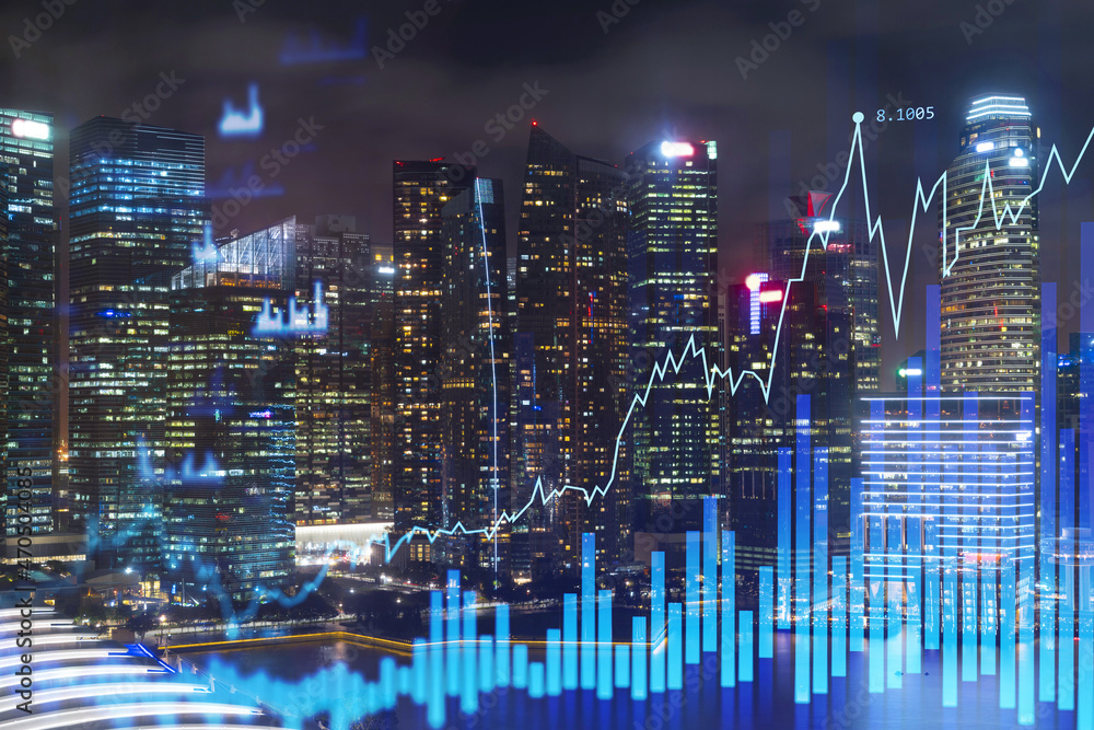 Stock market graph hologram, night panorama city view of Singapore, popular location to gain financial education in Asia. The concept of international research. Double exposure.