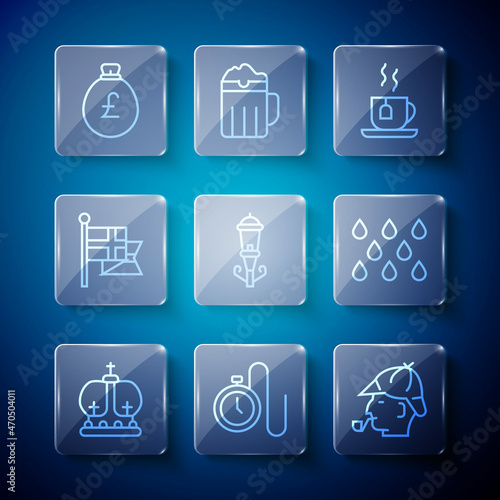 Set line British crown, Watch with a chain, Sherlock Holmes, Cup of tea tea bag, Vintage street light, England flag on flagpole, Money pound and Water drop icon. Vector