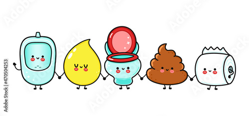 Cute, funny happy urinal, drop of urine, toilet, turd and toilet paper character. Vector hand drawn cartoon, illustration icon. Funny cartoon urinal, drop of urine, toilet, turd and toilet paper conc