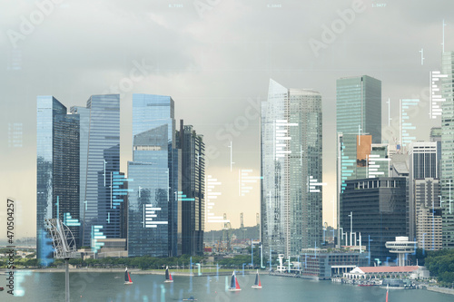 Glowing FOREX graph hologram  aerial panoramic cityscape of Singapore at sunset. Stock and bond trading in Southeast Asia. The concept of fund management. Double exposure.