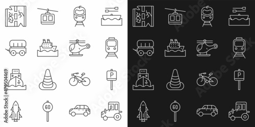 Set line Tractor, Parking, Train and railway, Cruise ship, Wild west covered wagon, Broken road and Helicopter icon. Vector
