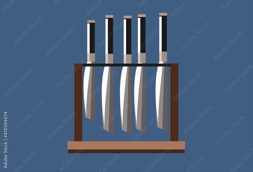 A set of kitchen metal knives with black handles on a brown wooden stand. A set of kitchen metal knives with black handles on a brown wooden stand.