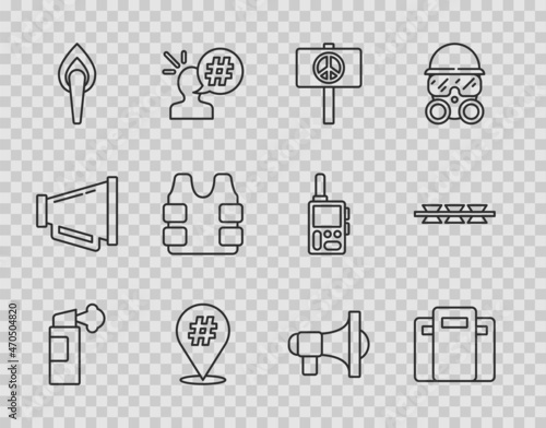 Set line Pepper spray, Police assault shield, Peace, Protest, Torch flame, Bulletproof vest, Megaphone and Barbed wire icon. Vector