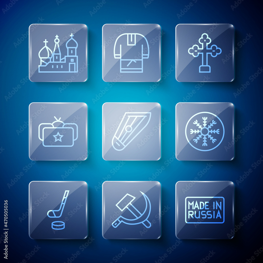 Set line Ice hockey stick and puck, Hammer sickle USSR, Made in Russia, Christian cross, Kankles, Ushanka, Saint Basil's Cathedral and Snowflake icon. Vector Set line Ice hockey stick and puck, Hammer sickle USSR, Made in Russia, Christian cross, Kankles, Ushanka, Saint Basil's Cathedral and Snowflake icon. Vector