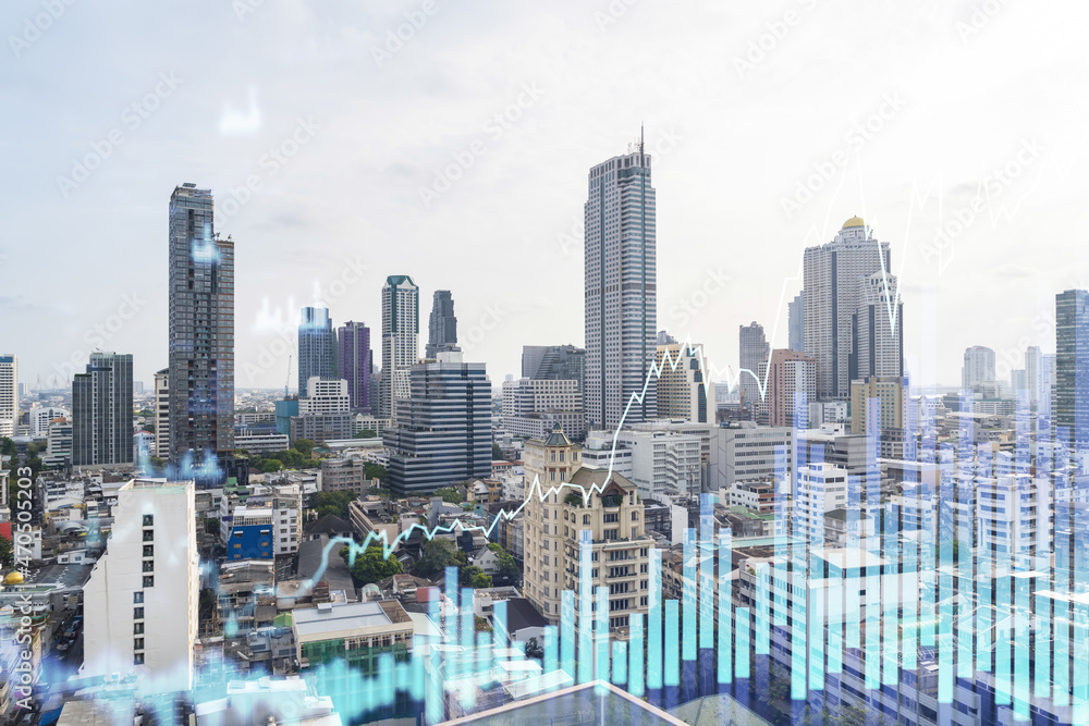 Fototapeta premium Forex and stock market chart hologram over panorama city view of Bangkok, the financial center in Southeast Asia. The concept of international trading. Double exposure.
