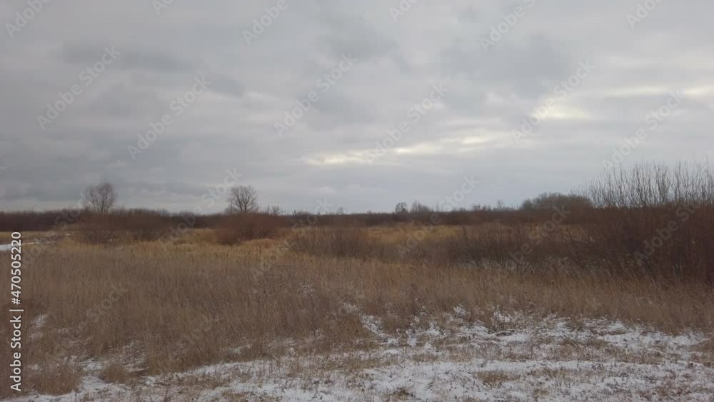 Panorama Dry, freezing grass in late autumn or early winter on a large meadow under a cloudy sky. Selective focus. Camera panning Panorama Dry, freezing grass in late autumn or early winter on a large meadow under a cloudy sky. Selective focus. Camera panning