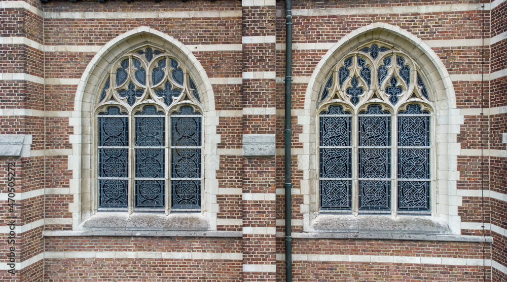 Obraz premium Gothic church and cathedral stained windows. drone aerial view from above