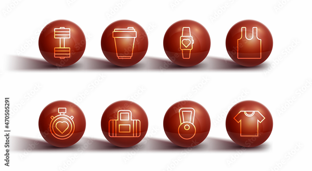 Set line Dumbbell, Heart in the center stopwatch, Sleeveless T-shirt, Kettlebell, Sport bag, Fitness shaker, and Smartwatch icon. Vector Set line Dumbbell, Heart in the center stopwatch, Sleeveless T-shirt, Kettlebell, Sport bag, Fitness shaker, and Smartwatch icon. Vector