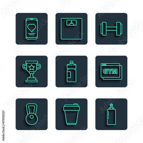 Set line Kettlebell, Fitness shaker, Punching bag, Dumbbell, Award cup, Mobile with heart rate and Online fitness and training icon. Vector