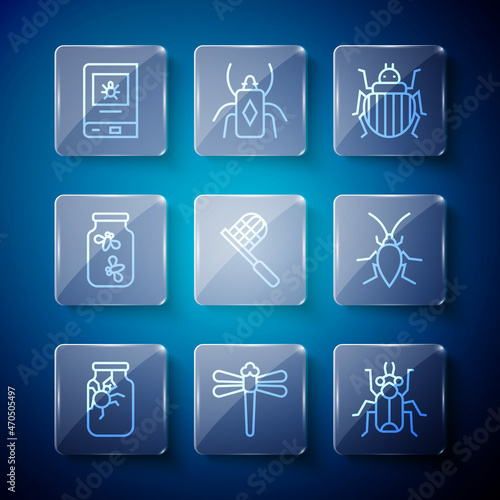 Set line Spider in jar, Dragonfly, Beetle bug, Colorado beetle, Butterfly net, Fireflies bugs, Book about insect and Cockroach icon. Vector