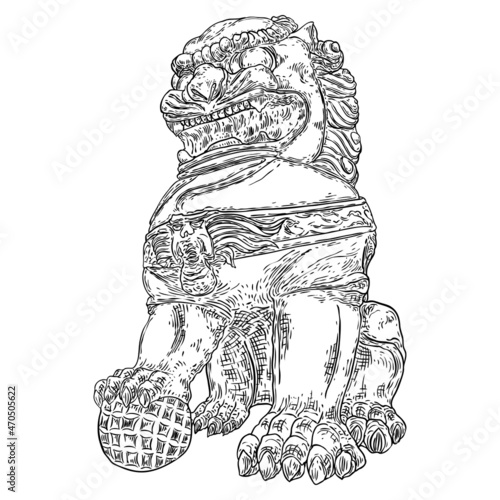Imperial guardian lion, foo dog or fu dog in western languages and English. Stylized Chinese lion, male with a ball. Protect the building from harmful spiritual influences. Vector.