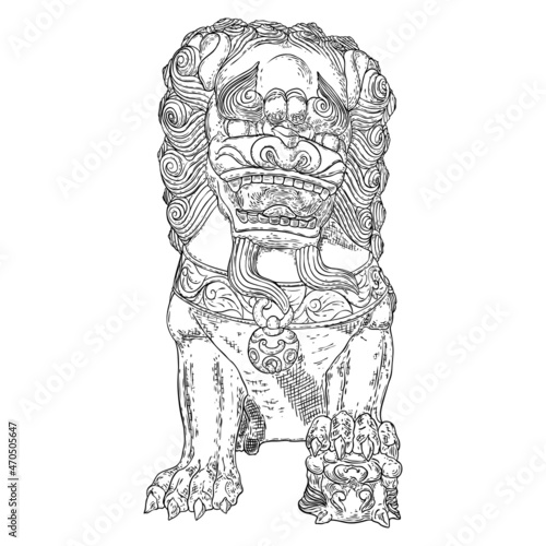 Imperial guardian lion, foo dog or fu dog in western languages and English. Stylized Chinese lion, female with a cub. Protect the building from harmful spiritual influences, threat from people.