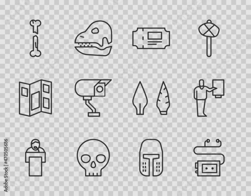 Set line Gives lecture, Museum audio guide, ticket, Human skull, broken bone, Security camera, Medieval iron helmet and icon. Vector