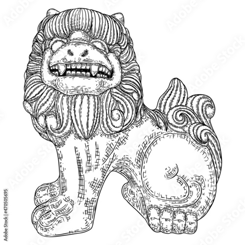 Chinese guardian lion statue hand drawn illustration. Traditional Chinese architectural ornament made of stone. Stone lion or shishi made for protection harmful spiritual influences. Vector.