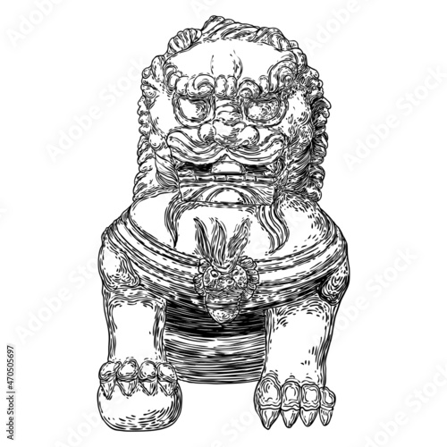 Imperial guardian lion, foo dog or fu dog in western languages and English. Stylized Chinese lion, male with a ball. Protect the building from harmful spiritual influences. Vector.