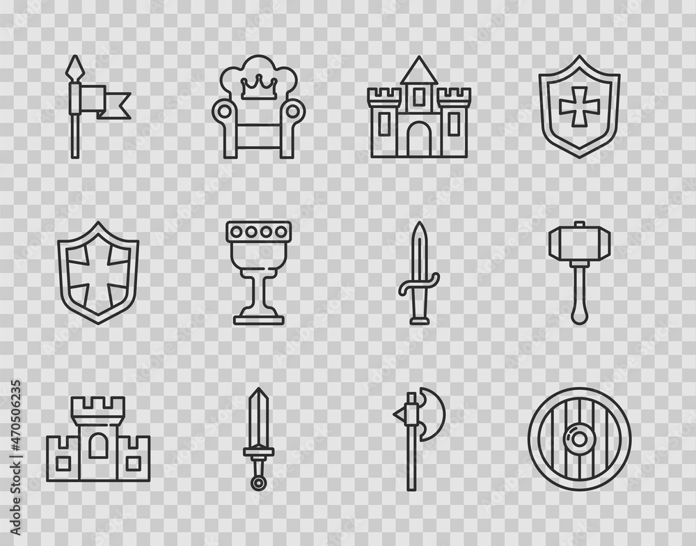 Set line Castle, fortress, Round wooden shield, Medieval sword, spear, goblet, axe and Hammer icon. Vector Set line Castle, fortress, Round wooden shield, Medieval sword, spear, goblet, axe and Hammer icon. Vector