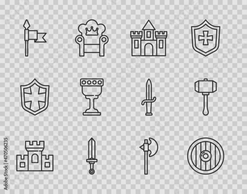 Set line Castle, fortress, Round wooden shield, Medieval sword, spear, goblet, axe and Hammer icon. Vector