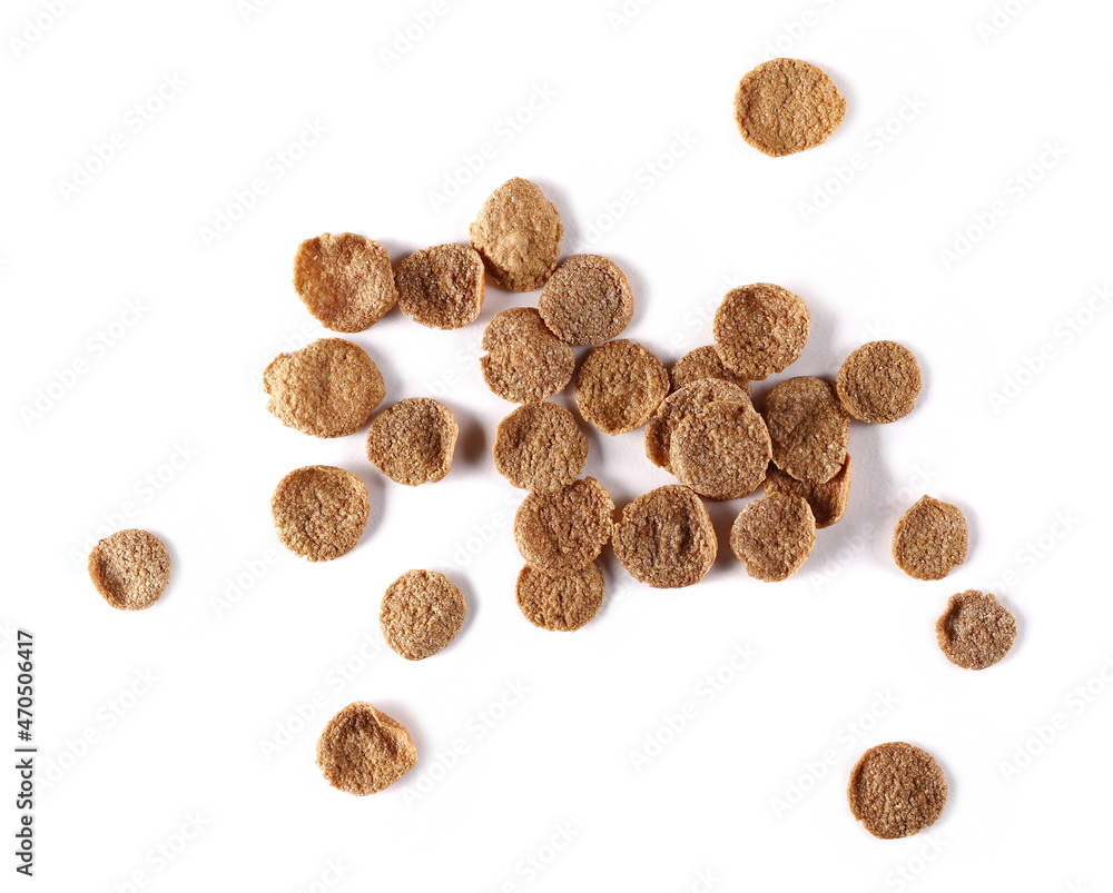 Crunchy corn flakes with cocoa, cereal, muesli pile isolated on white background, top view Crunchy corn flakes with cocoa, cereal, muesli pile isolated on white background, top view