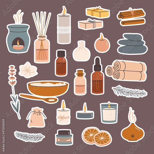 Aromatherapy trendy stickers set with essential oils, candles for spa and massage. Bottles with natural aroma oils, herbs, diffuser, candles, salt, handmade soap and towels for wellness and beauty. Ho